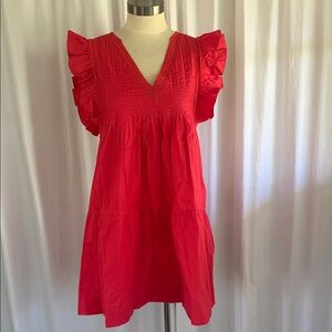 Coral Red Aqua Ruffle Sleeve Dress Sz XS